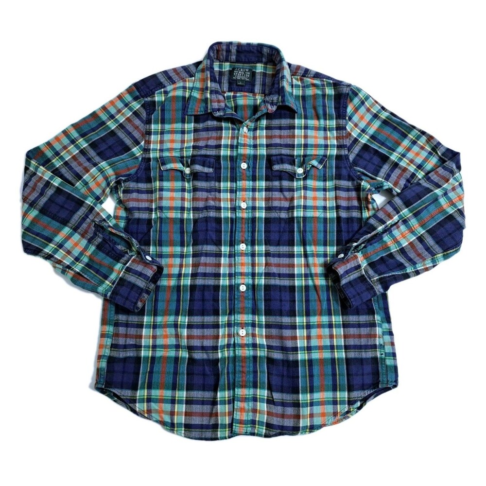 J Crew Men's Large Sporting Goods Flannel Plaid Button Up Shirt Blue Green Red